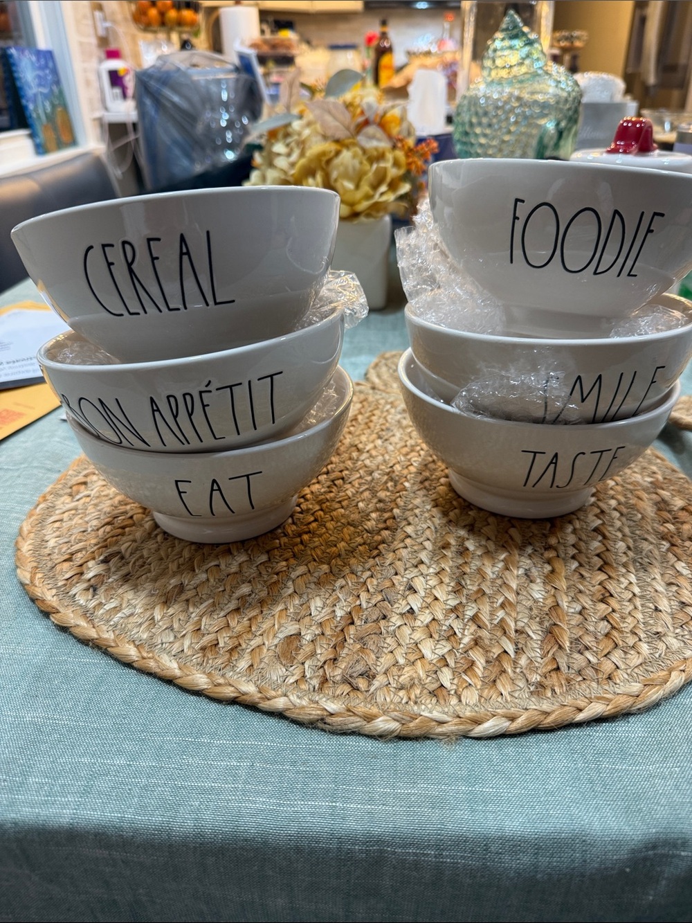 Rae Dunn White Ceramic Bowls with Black Lettering - Set of 6